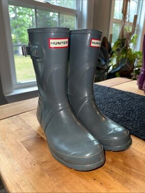 Hunter Gray Mid-Calf Rain Boots with Branded Logo